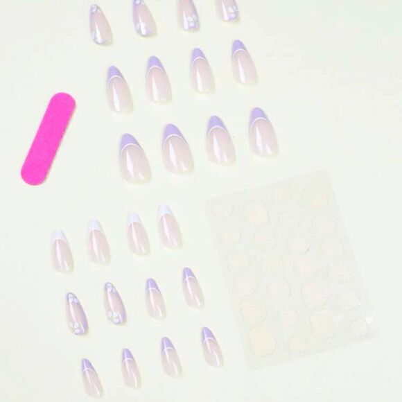 24 pcs Acrylic French Almond Press On Nail Set Reusable - Picture 2 of 8